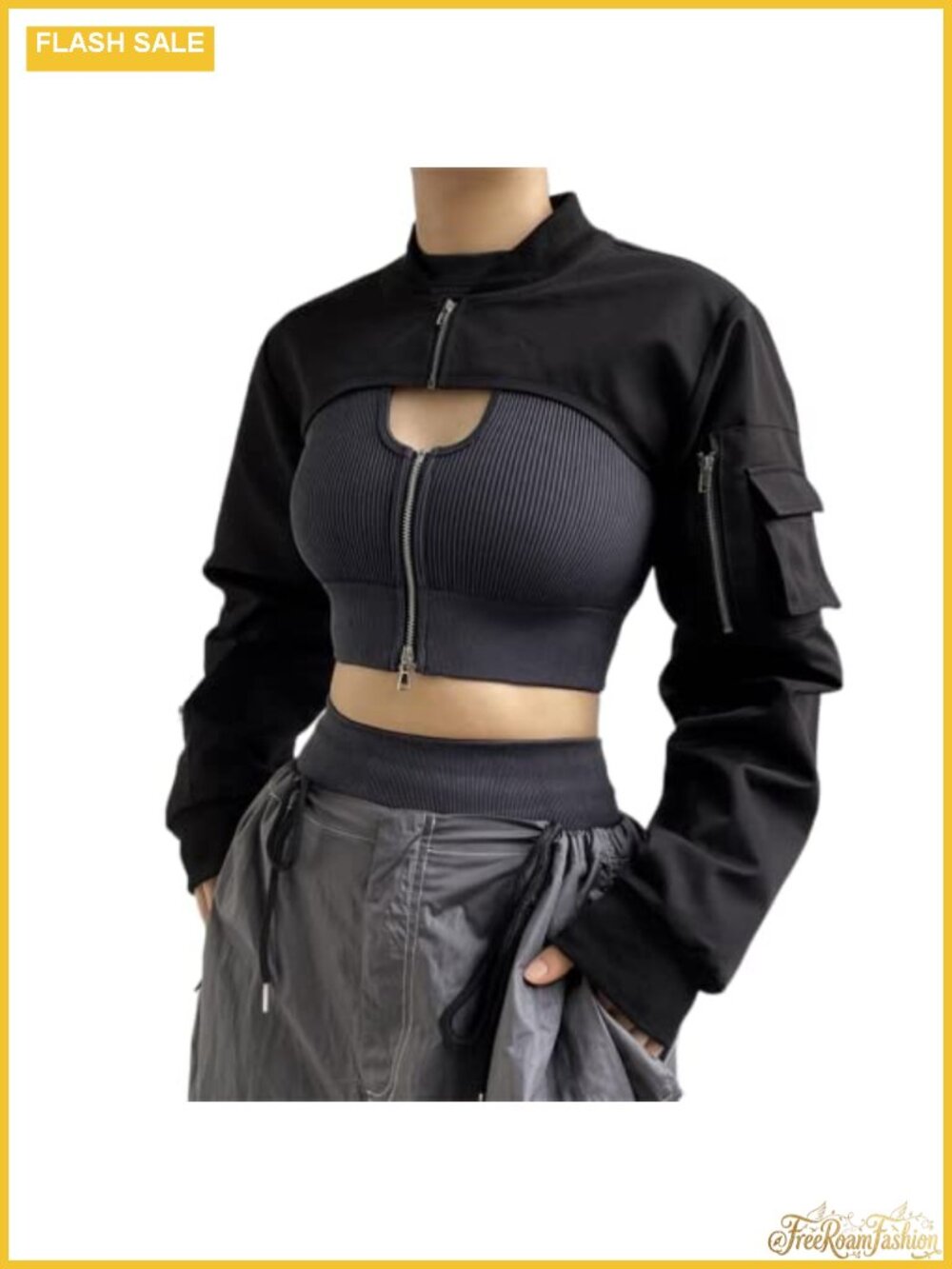 Goth Crop Top Bolero Jacket Womens Zip Up Moto Shrug Pockets